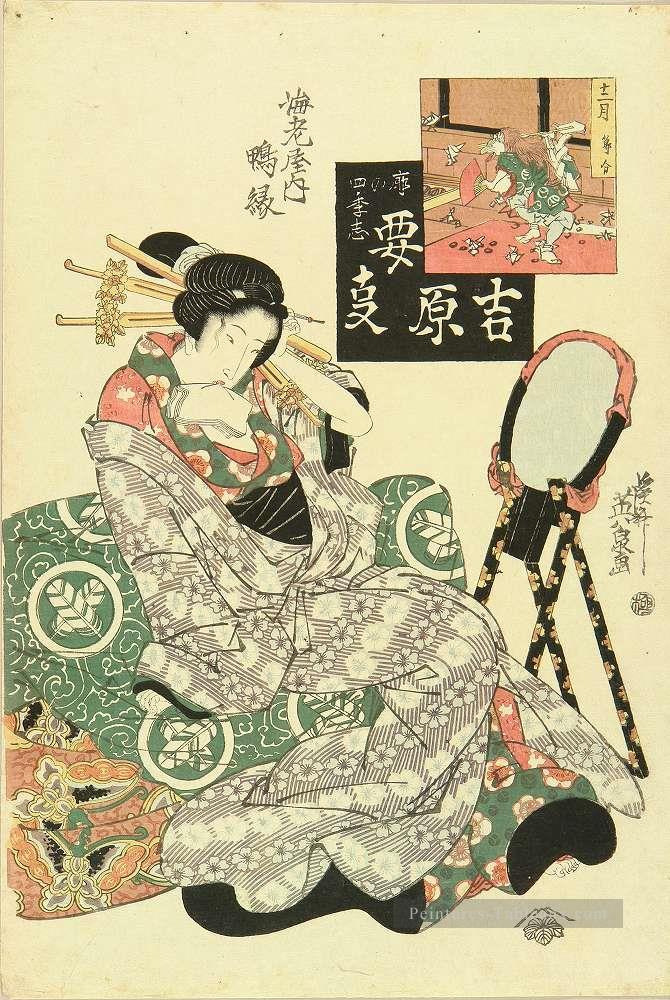 Portrait de la courgane KAMOEN de ebiya relaxant sur le futon plié 1825 Keisai. Ukiyoye Peintures à l'huile